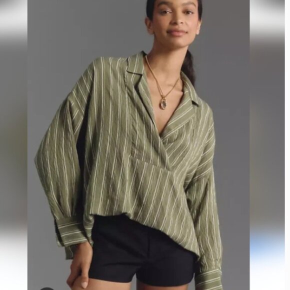 Anthropologie Dylon long sleeve wide placket top green stripes oversized Size XS - Picture 1 of 8